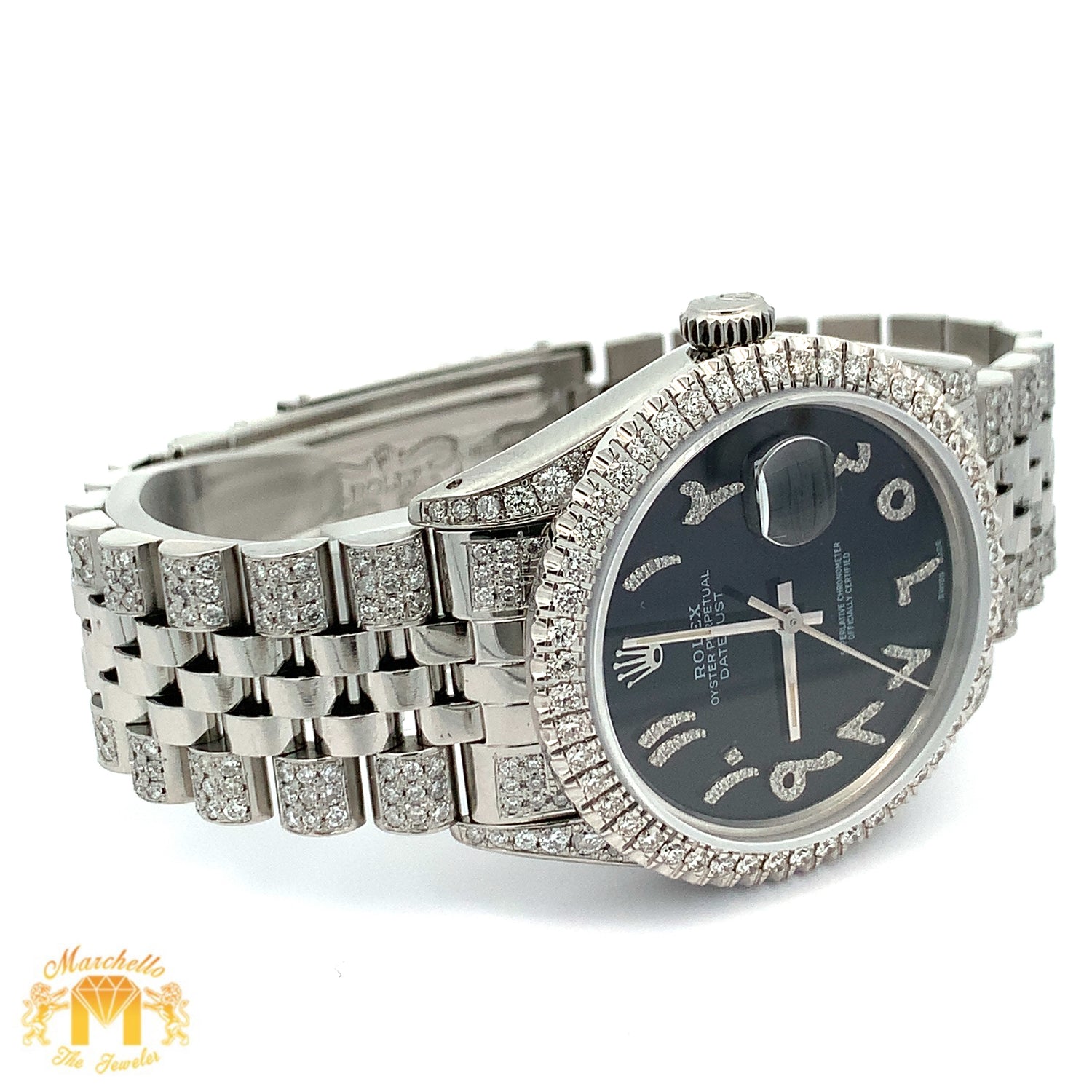 7ct Diamond Iced out 36mm Rolex Watch with Stainless Steel Jubilee Bracelet (black dial with diamonds)