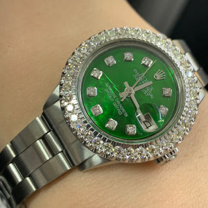 26mm Ladies` Rolex Watch with Stainless Steel Oyster Bracelet (diamond bezel, diamond green mother of pearl (MOP)dial)