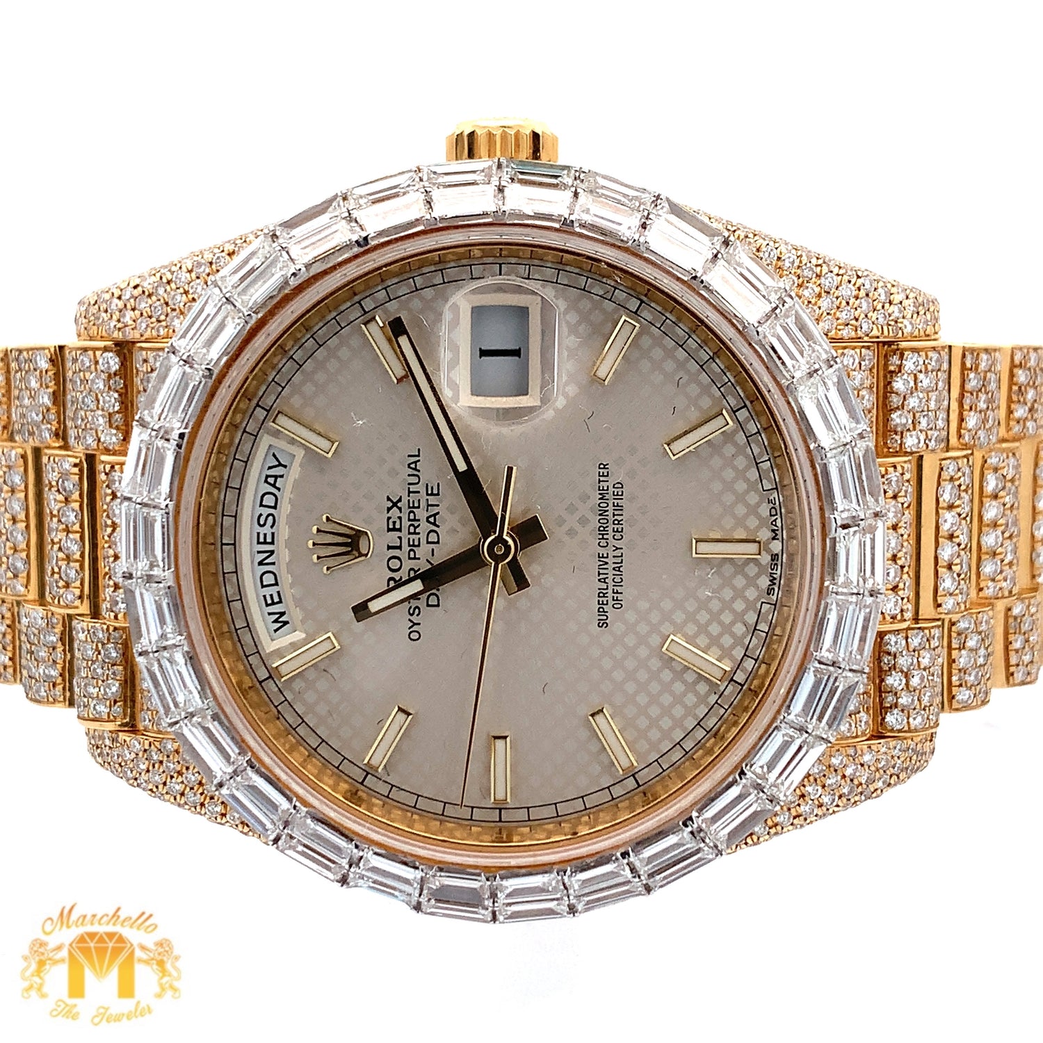 40mm Iced out 18k yellow gold  Rolex Presidential Day-Date Watch + Free Diamond Bracelet and Surprise Diamond Earrings