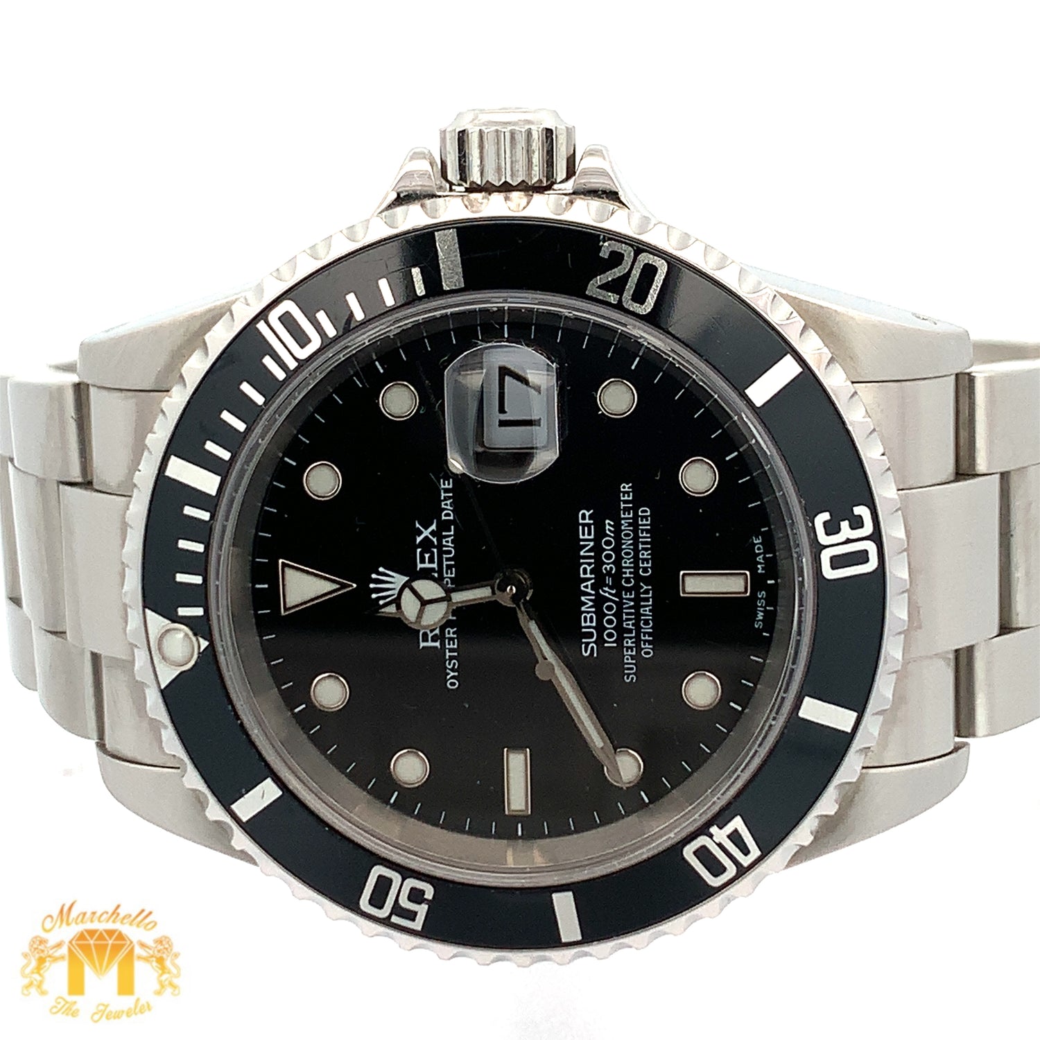 4 piece deal: 40mm Rolex Submariner Black Face Watch with Stainless Steel Oyster Bracelet + White Gold and Diamond Ring + Flower Diamond Earrings + Gift from Marchello the Jeweler