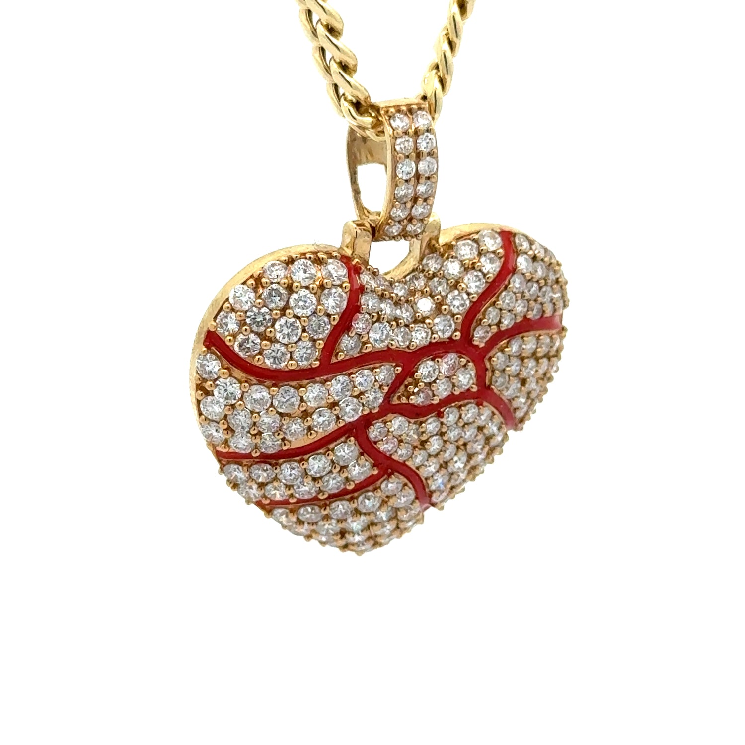 14k Yellow Gold and Diamond Broken Heart with Round Diamonds and Yellow Gold Cuban Link Chain Set