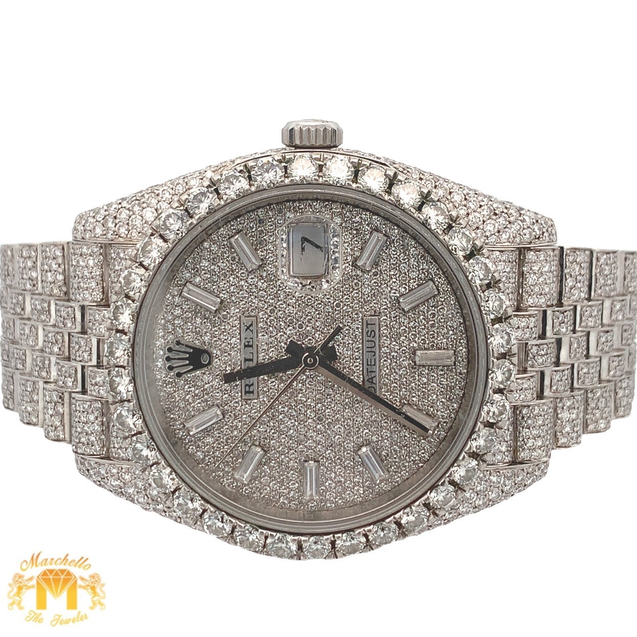 Model: 126300 Iced out 41mm Big Face Rolex Watch with Stainless Steel Jubilee Band + White Gold & Diamond Twin Square Band + White Gold & Diamond Flower Earrings + Gift