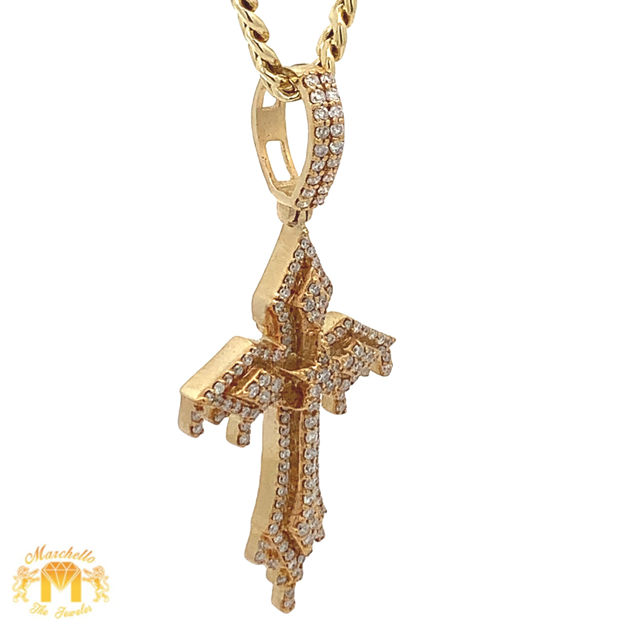 14k Yellow Gold and Diamond Cross Pendant with Round Diamonds and Yellow Gold Cuban Link Chain Set
