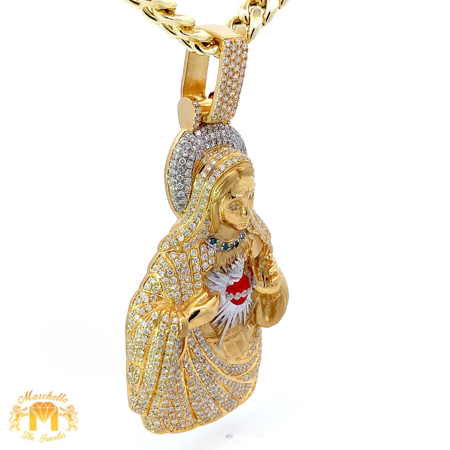 3 piece deal: 4.10ct Diamond 14k Yellow Gold Mary Pendant + 14k Yellow Gold Cuban Link Chain Set+ Gift from Marchello the Jeweler