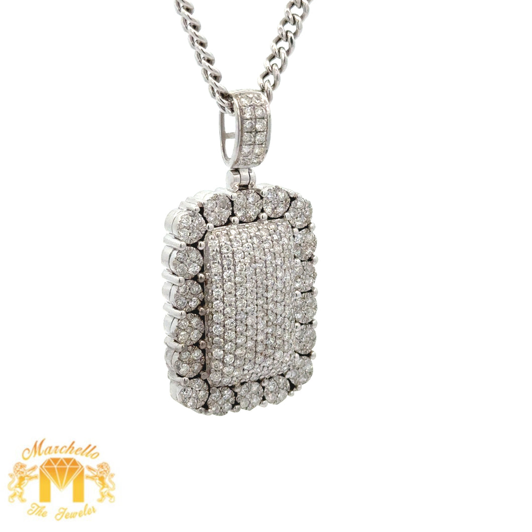 14k white gold and diamond Rectangle shaped Pendant and White Gold Cuban Link Chain