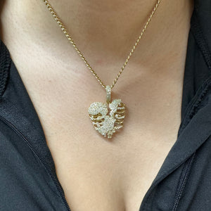 14k Gold Skeleton Heart Pendant with Round Diamonds and Gold Cuban Link Chain Set (choose your color)