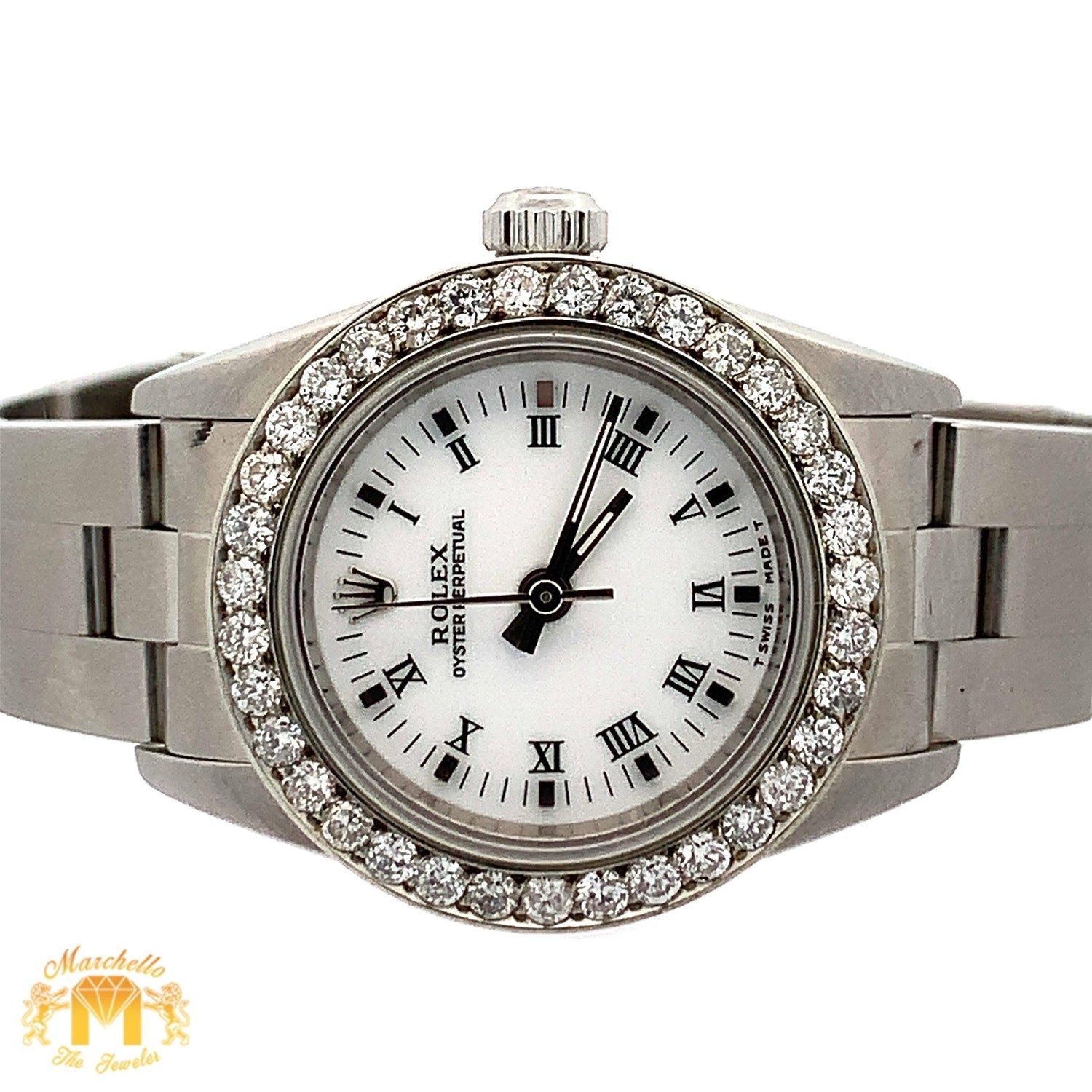 24mm Ladies` Rolex Watch with Stainless Steel Oyster Bracelet (diamond bezel, white dial)
