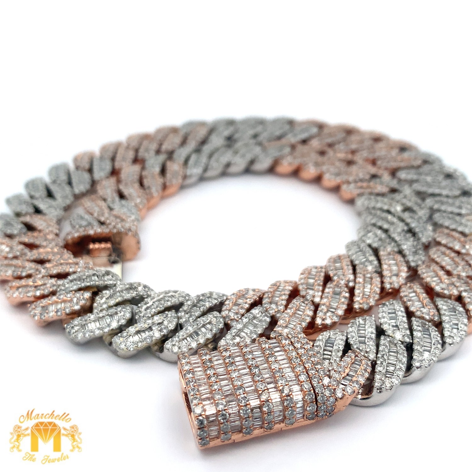 5 piece deal: 41ct Diamonds & Rose & White gold 272 grams Miami Cuban Chain + 14k Two-Tone gold Twin Square Cuff Diamond Bangle + 18k Two-Tone Gold & Diamond Round Earrings + 14k Gold & Diamond Square shaped Ring Set + Gift
