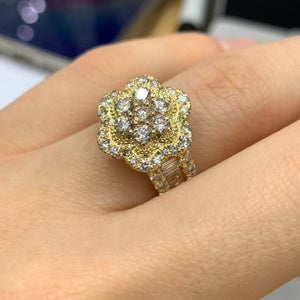 14k Yellow Gold and Diamond Ladies`Flower Ring with Baguette and Round Diamonds