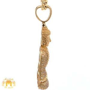 Yellow gold and Diamond Buddha Pendant with Round Diamonds and Yellow Gold Cuban Link Chain Set