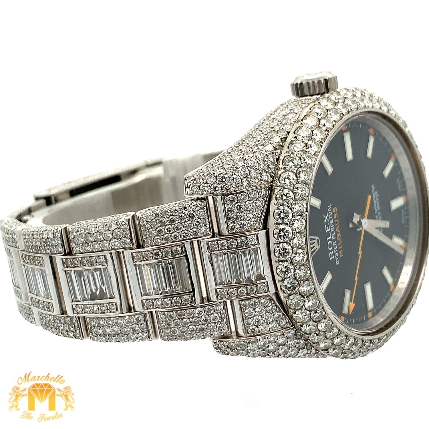 40mm Iced out Rolex Milgauss Watch with Stainless Steel Oyster Bracelet