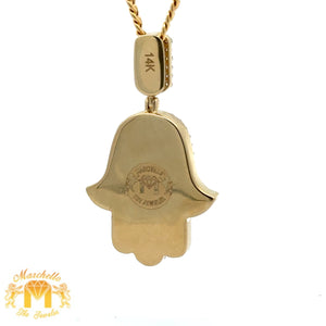 14k Gold and Diamond Hamsa Pendant with Round and Baguette Diamonds and 14k Gold Cuban Link Chain Set (choose your color)