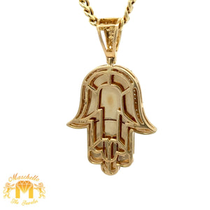 14k Yellow Gold Onyx and Diamond Hamsa Pendant and Yellow Gold Cuban Link Chain