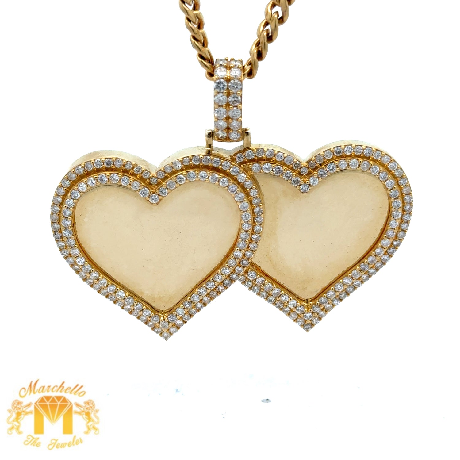 14k Gold and Diamond Twin Heart Picture Pendant and Gold Cuban Link Chain Set (choose your color)  (VALENTINE`S DAY SPECIAL)