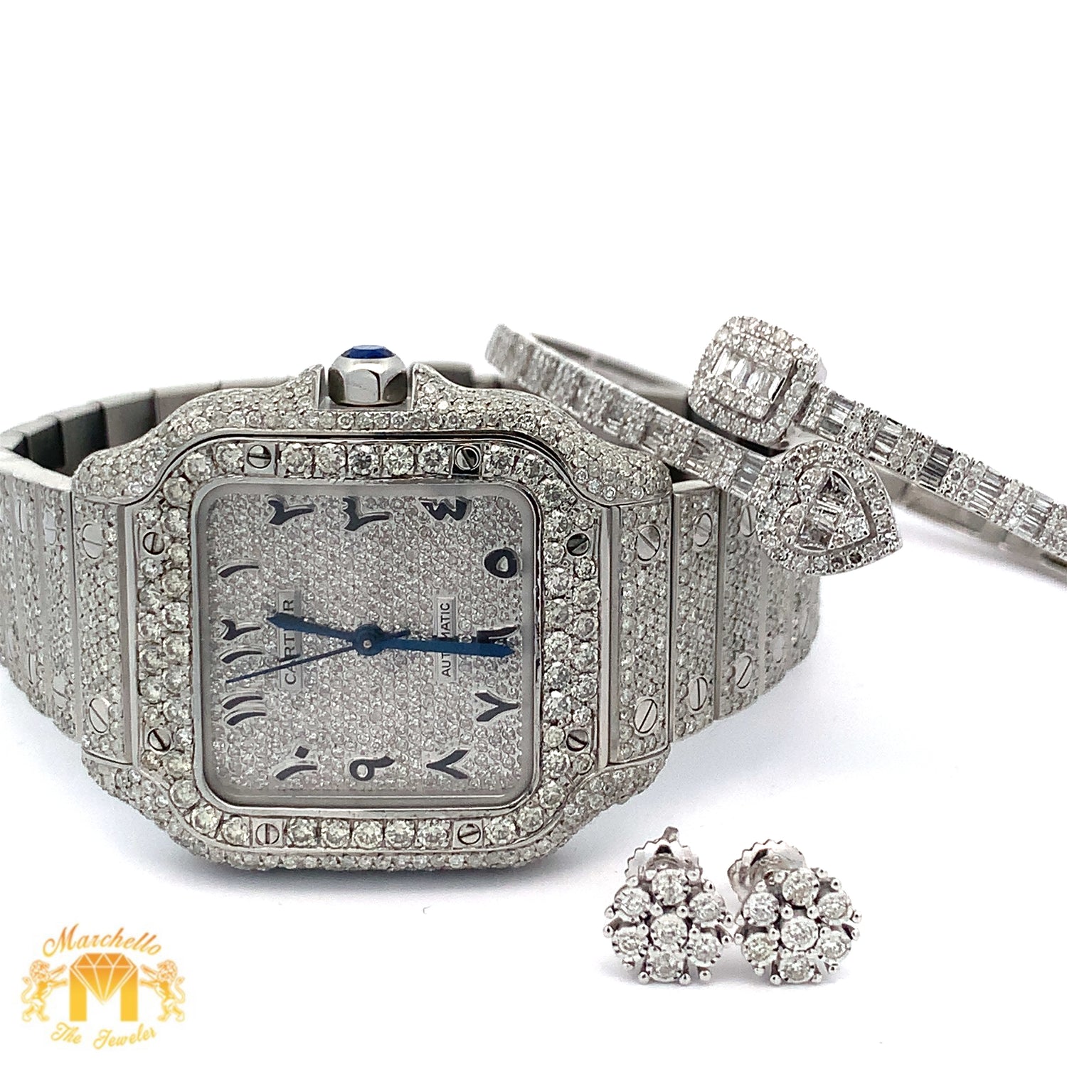 4 piece deal: 36mm Iced out Cartier Watch + White Gold Heart & Square Cuff Diamond Bracelet + Flower Diamond Earrings Set + Gift from Marchello the Jeweler