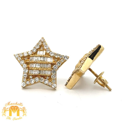 14k Yellow Gold and Diamond XL Star Earrings with Baguette and Round Diamonds
