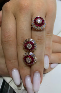 3 piece deal: VVS/vs high clarity diamonds set in a 18k Gold Pear Cut Ruby Stone Circle Ring+ Earrings with Baguette and Round Diamonds + Gift from Marchello the Jeweler