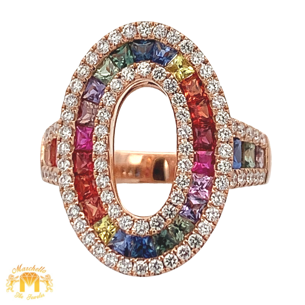 18k Solid Rose Gold and VS clarity & EF color diamonds Oval Shaped Ring with Multicolored Sapphires