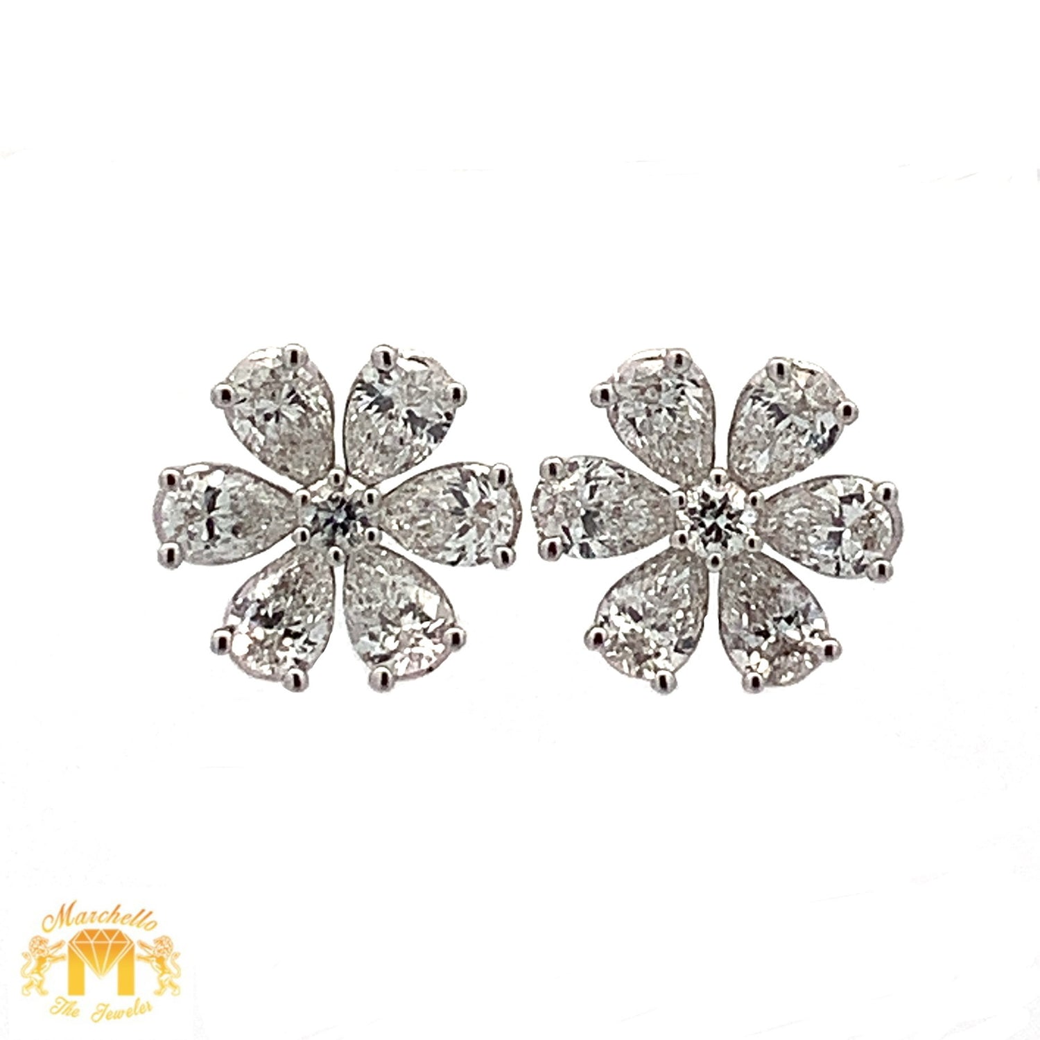 14k Gold and Diamond Flower Earrings with Pear and Round Diamonds (choose your color)