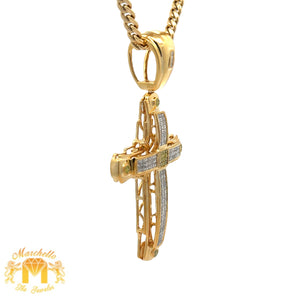 14k Yellow Gold and Diamond Cross Pendant and Yellow Gold Cuban Chain