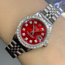 Load image into Gallery viewer, 26mm Ladies` Rolex Datejust Watch with Stainless Steel Jubilee Bracelet (red mother of pearl (MOP)dial with diamonds)