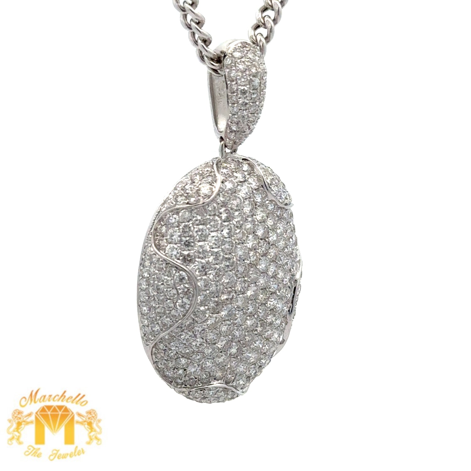 4.68ct diamonds 18k White Gold Oval Shaped Pendant and 14k White Gold Cuban Link Chain Set