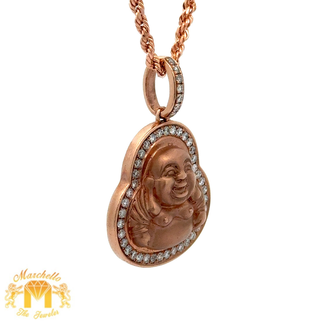 Rose Gold and Diamond Buddha Pendant with Round Diamonds and Rose Gold Rope Chain