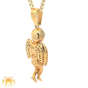 Yellow Gold and Diamond Angel Pendant with Round Diamonds and Yellow Gold Cuban Link Chain Set