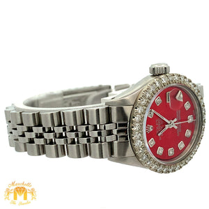 26mm Ladies` Rolex Datejust Watch with Stainless Steel Jubilee Bracelet (red mother of pearl (MOP)dial with diamonds)