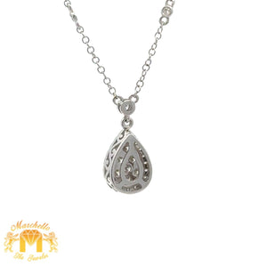 14k White Gold and Diamond Pear Shaped Necklace with Round Diamonds
