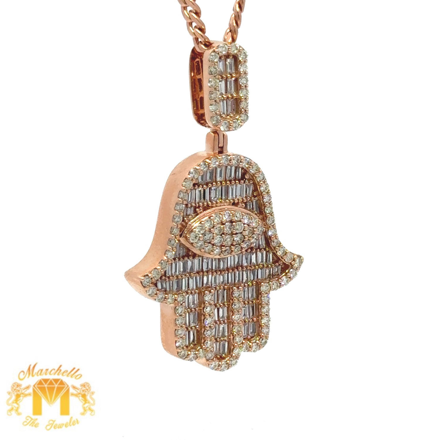 14k Gold and Diamond Hamsa Pendant with Round and Baguette Diamonds and 14k Gold Cuban Link Chain Set (choose your color)