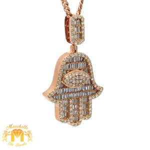 14k Gold and Diamond Hamsa Pendant with Round and Baguette Diamonds and 14k Gold Cuban Link Chain Set (choose your color)