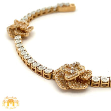 Load image into Gallery viewer, Yellow Gold and Diamond Three Flowers Tennis Bracelet with Round and Baguette diamonds