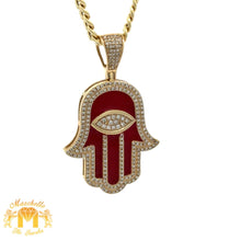 Load image into Gallery viewer, 14k Yellow Gold and Diamond Hamsa Pendant and Yellow Gold Cuban Link Chain (choose your color)