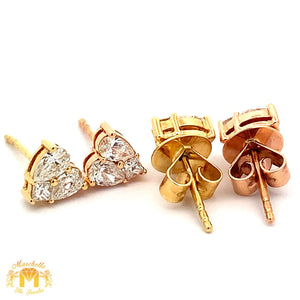 18k Gold and Diamond Heart Earrings with Princess Cut and Pear Diamonds combination