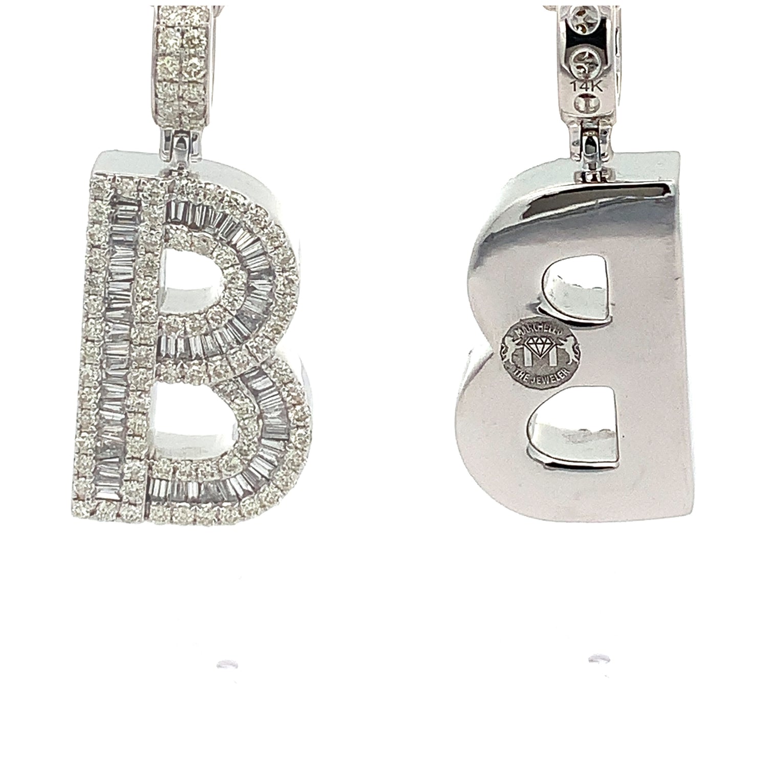 14k White Gold Large Initial Pendant with Baguette and Round Diamonds ( A to Z )