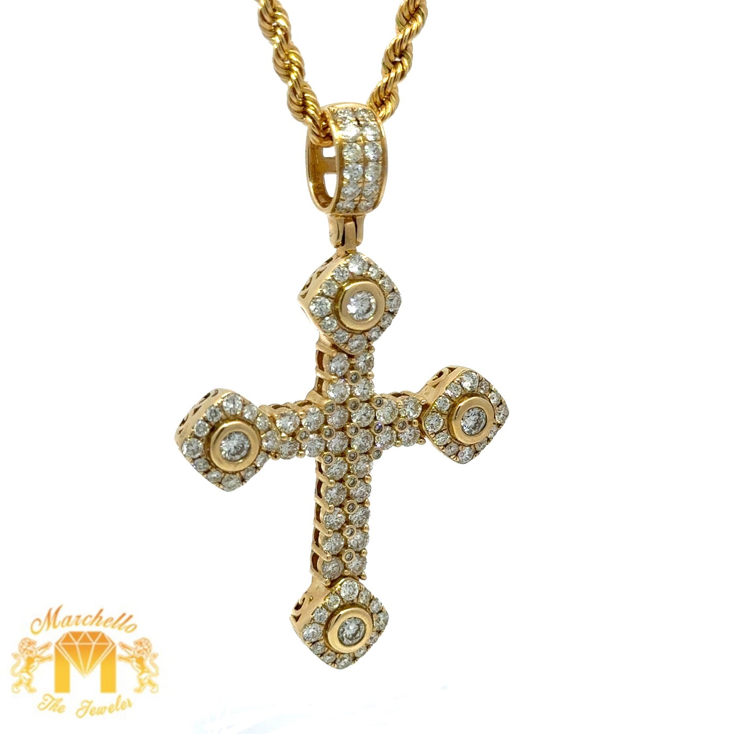14k Yellow Gold and Diamond Cross Pendant with Round Diamonds and 14k Yellow Gold Rope Chain Set