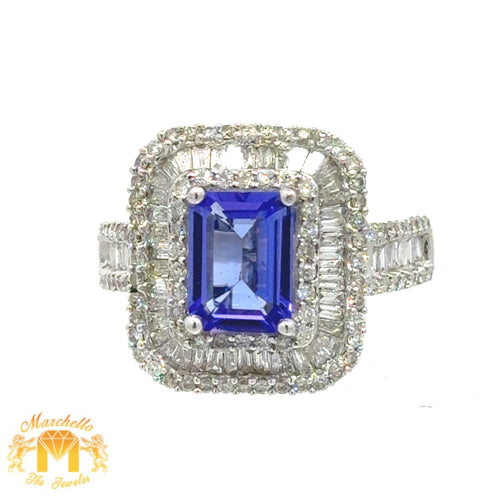 18k White Gold Ring with Baguette & Round Diamonds and Tanzanite Stone