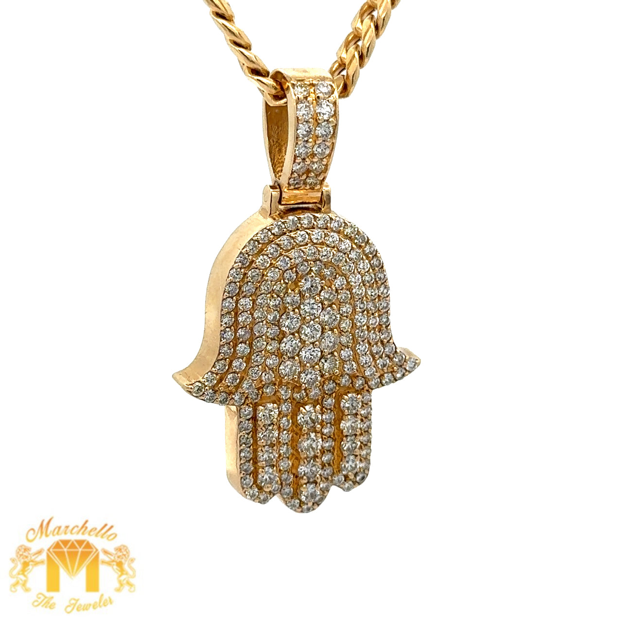 6.50ct diamonds 14k Yellow Gold and Diamond Hamsa Pendant and Yellow Gold Cuban Link Chain