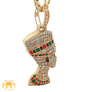 14k Yellow Gold and Diamond Nefertiti Pendant and Yellow Gold Cuban Link Chain