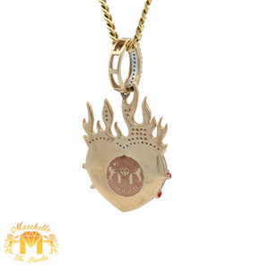 Yellow Gold and Diamond Heart on Fire Pendant and Yellow Gold Cuban Chain