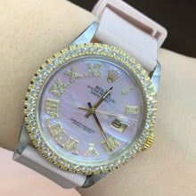 Load image into Gallery viewer, 36mm Rolex Datejust Diamond Watch with Pink Rubber Band (diamond bezel, mother of pearl (MOP) diamond dial)