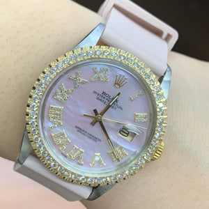 36mm Rolex Datejust Diamond Watch with Pink Rubber Band (diamond bezel, mother of pearl (MOP) diamond dial)