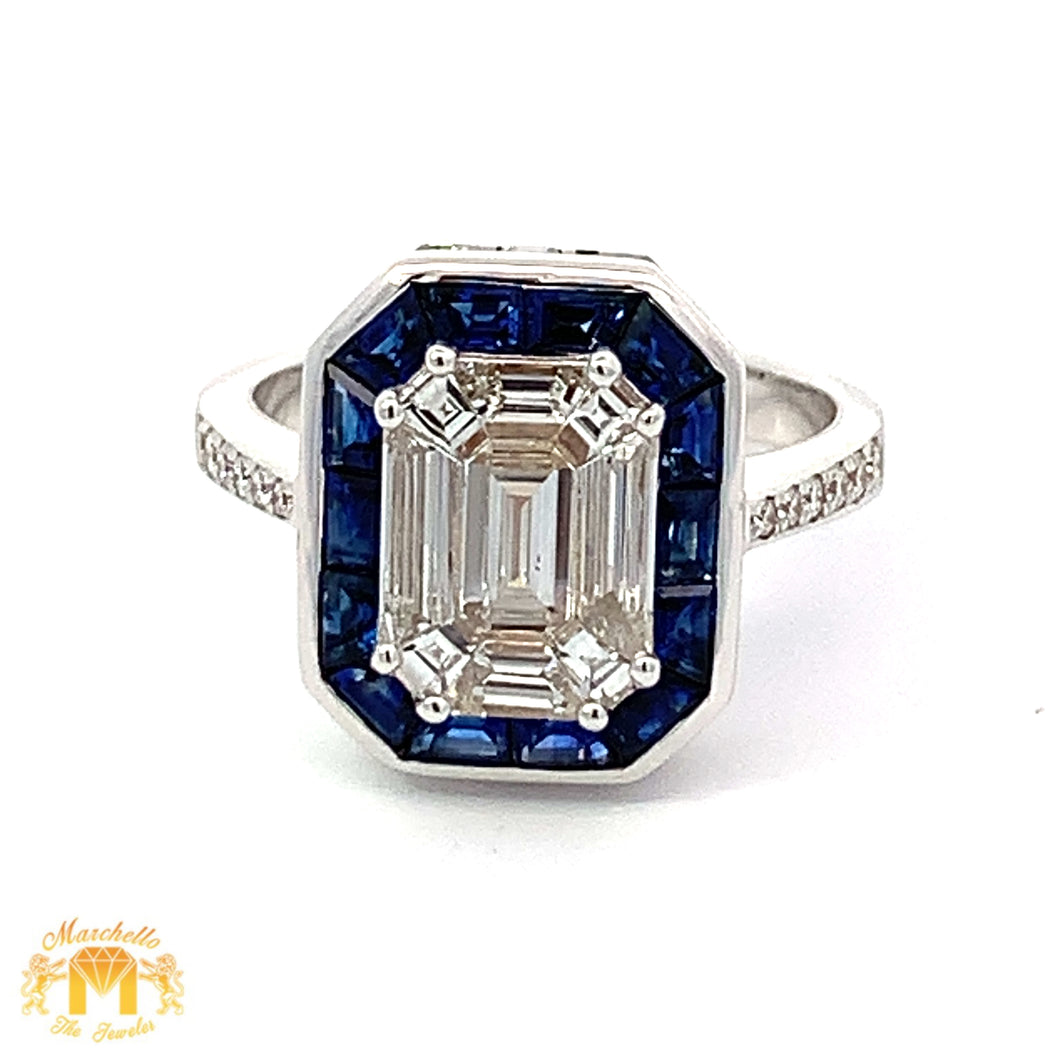 VVS/vs EF color high clarity diamonds set in a 18k Gold Emerald Blue Sapphire Ring with Round Diamonds