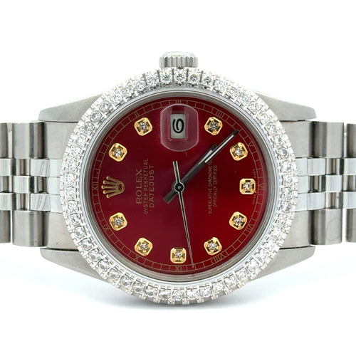36mm Rolex Diamond Watch with Stainless Steel Jubilee Bracelet (diamond red dial and diamond bezel)