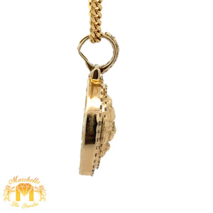 14k Yellow Gold and Diamond Lion Head Round Shaped Pendant and 14k Yellow Gold Cuban Link Chain