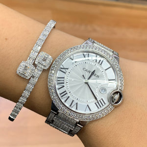 4 piece deal: 40mm Cartier Ballon Bleu De Diamond Watch + White Gold and Diamond Twin Square Bracelet + Complimentary Earrings + Gift from MTJ