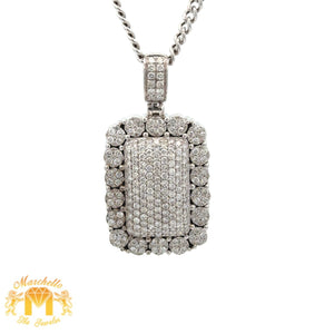 14k white gold and diamond Rectangle shaped Pendant and White Gold Cuban Link Chain