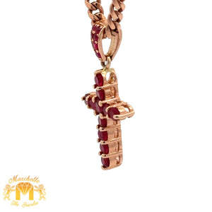 14k Rose Gold and Diamond Cross Ruby Pendant and 14k Rose Gold Cuban Link Chain Set