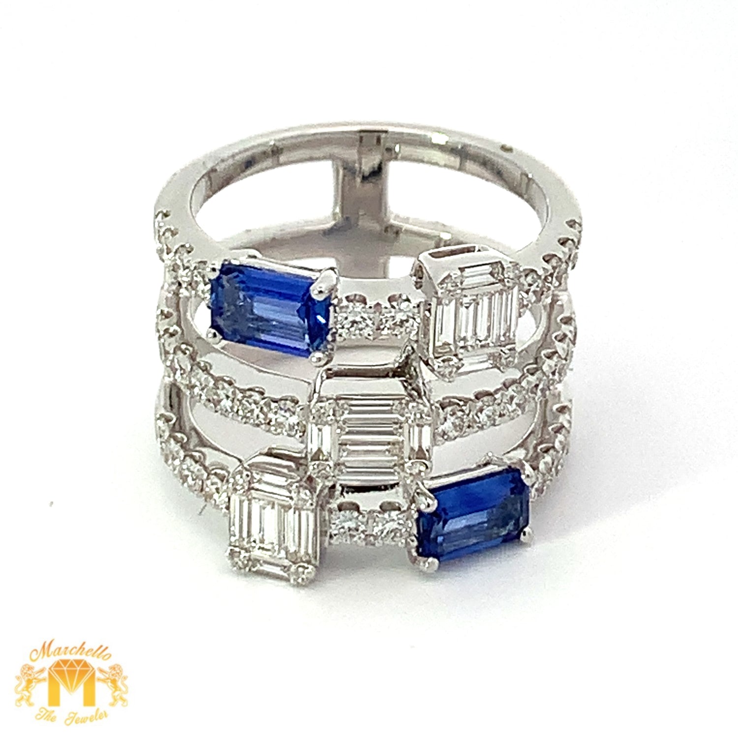 VVS/vs EF color high clarity diamonds set in a 18k Gold Stack Blue Sapphire Ring with Baguette and Round Diamonds